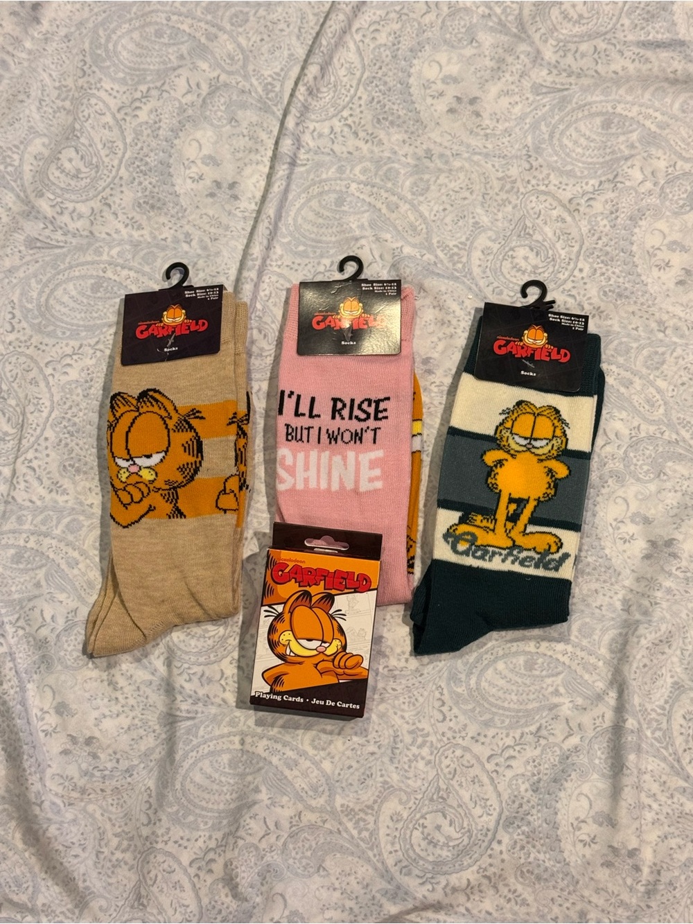 Garfield Unisex Novelty Crew Socks 3 Pack & Playing Cards